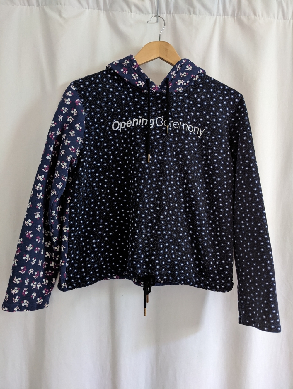 Opening Ceremony Hoodie M Sweatshirt Blue Floral Patchwork Pullover Drawstring